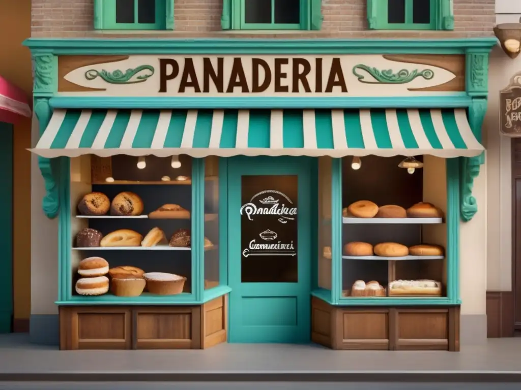 Panadería con Identidad infusionada con mate - Fachada de panadería vintage con letreros de madera y exhibición de pasteles y tortas