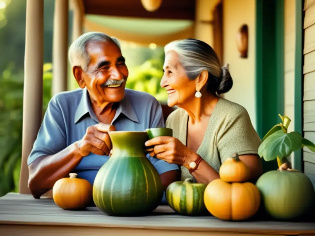 Pareja de ancianos disfrutando yerba mate, transmitiendo longevidad y felicidad