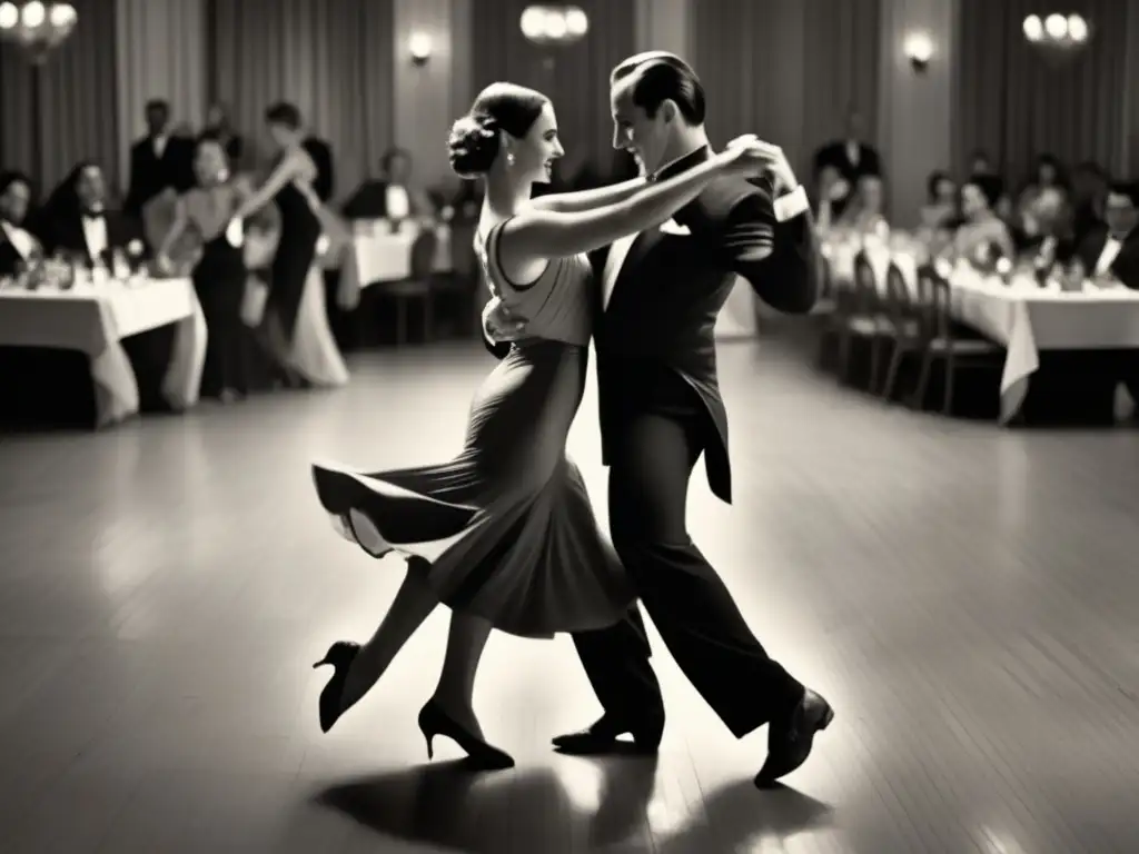 Pareja bailando tango, evocando tradición del mate en elegante salón