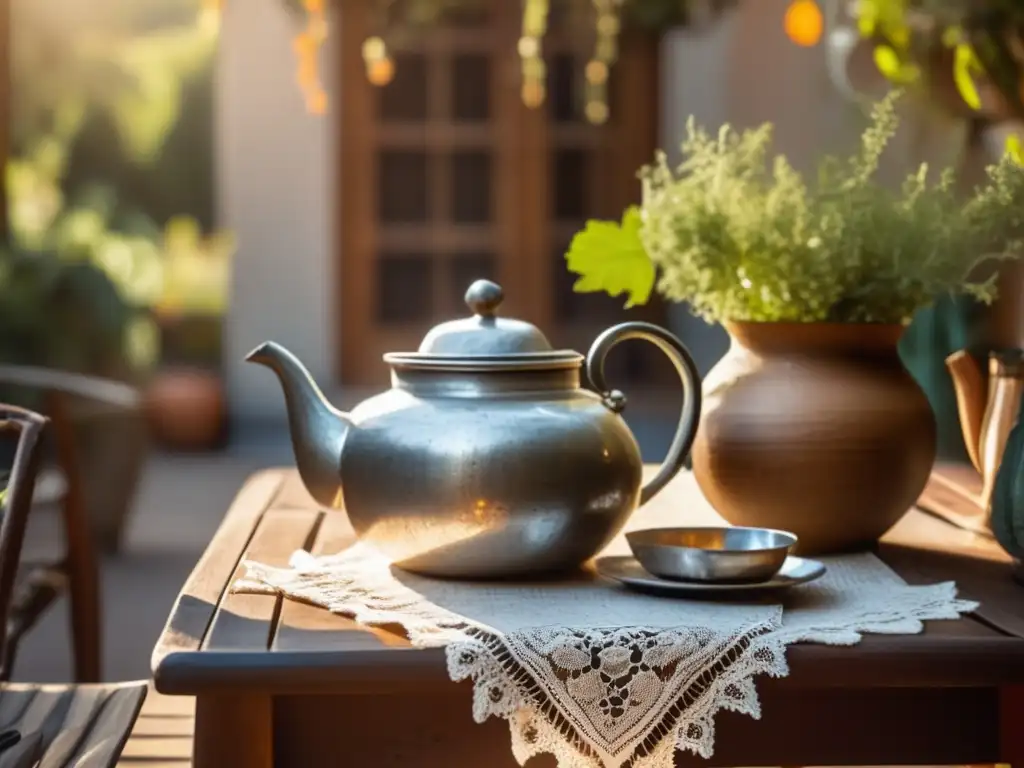 Un patio argentino tradicional rodeado de vegetación exuberante, con una mesa de madera tallada y una delicada mantelería de encaje