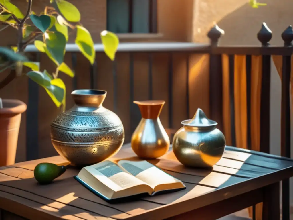 Patio tradicional con mesa de madera, mate de plata, libro viejo, conversación cálida