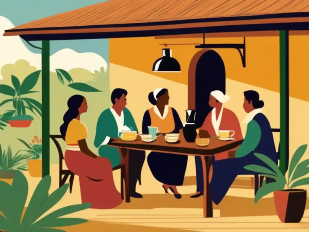 Ilustración vintage de un patio tradicional paraguayo con grupo disfrutando tereré y mate frío para dietas específicas