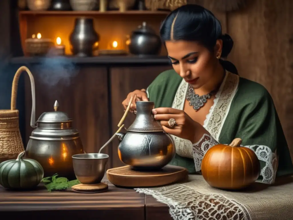 Persona disfrutando de una ceremonia tradicional de mate en una cocina rústica