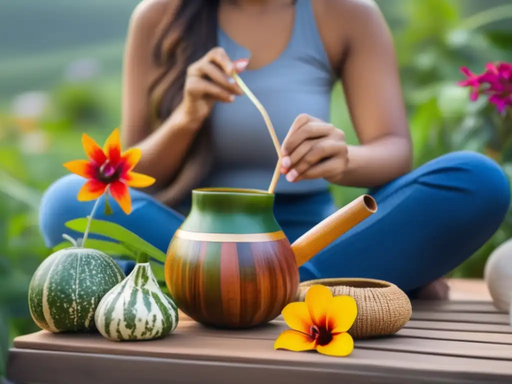 Persona disfrutando de una escena al aire libre con utensilios biodegradables para mate sostenible