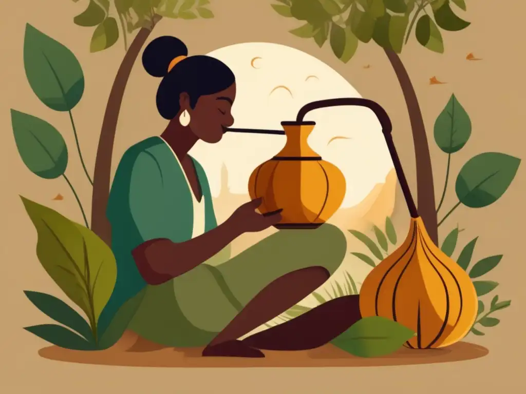 Una ilustración vintage de una persona disfrutando del tradicional mate rioplatense en un entorno acogedor y natural