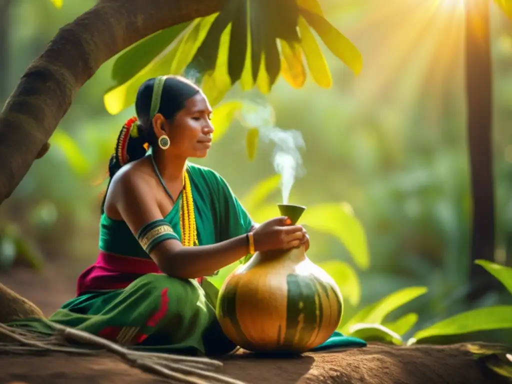 Persona Guaraní tradicional con yerba mate, naturaleza y tradición