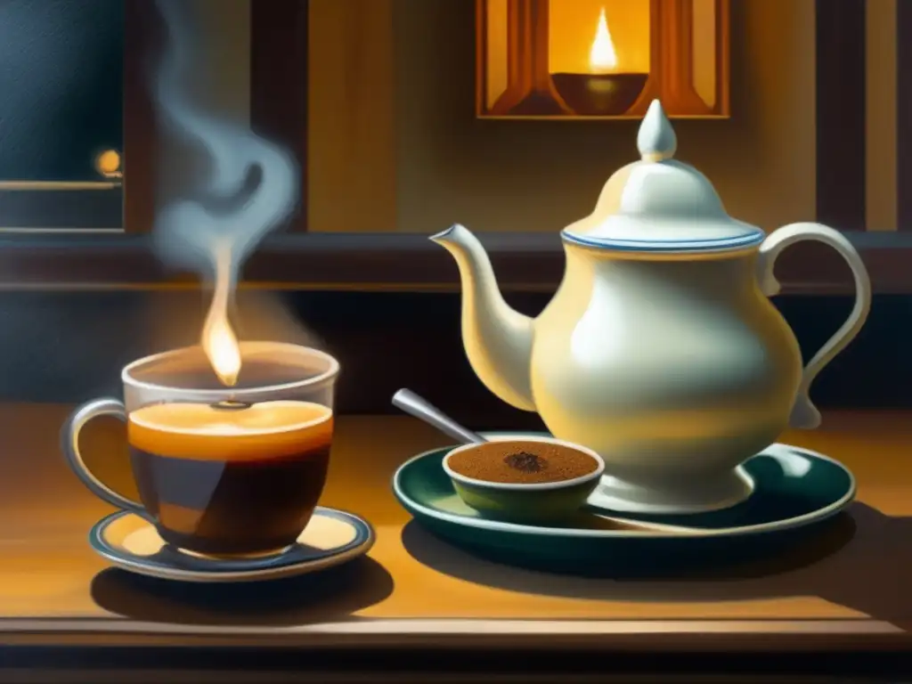 Pintura detallada de un café acogedor del siglo XX con mate tradicional (Técnicas de fermentación del mate tradicional)