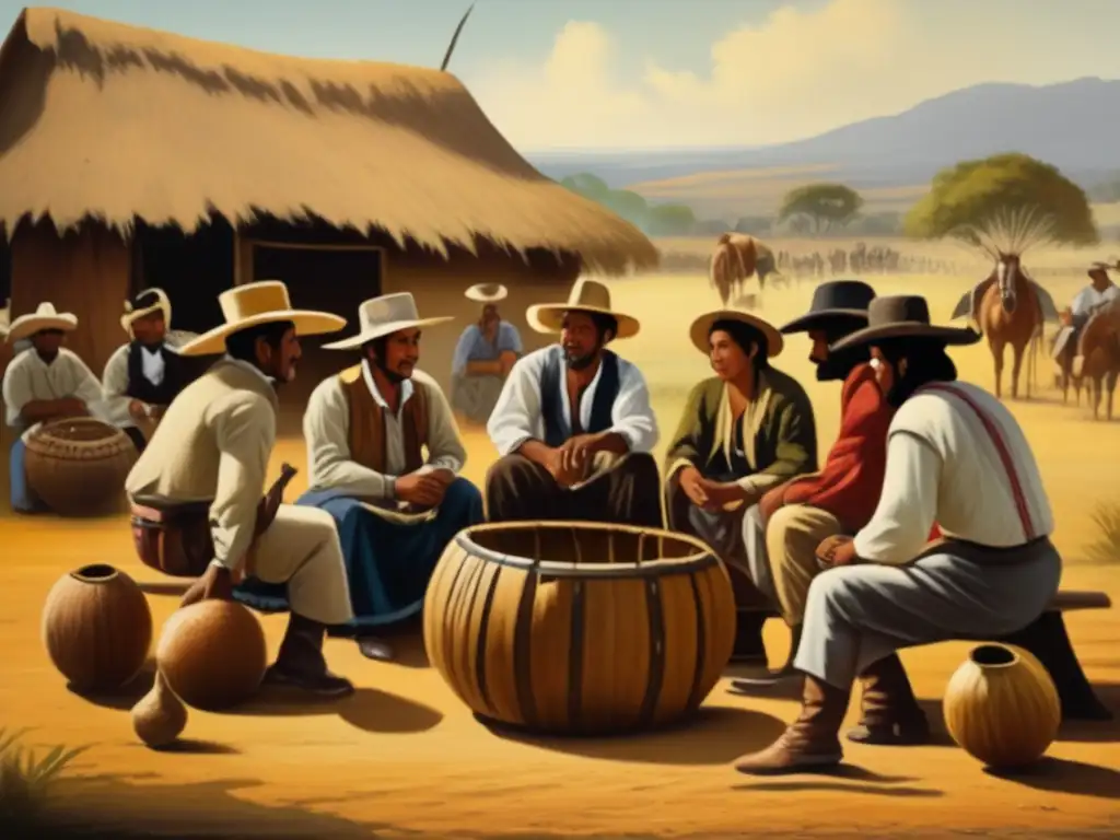 Pintura detallada de escena tradicional del mate en la región rioplatense, con gaucho y tradición del mate en el siglo XXI