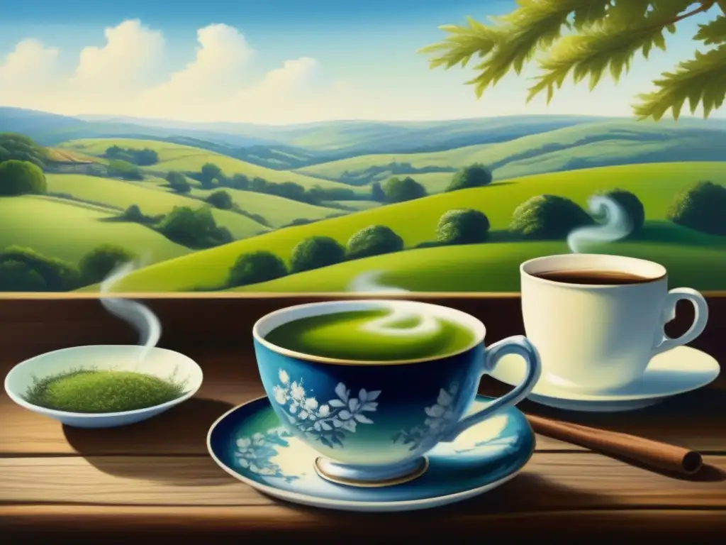 Pintura paisaje campestre con mesa de madera y taza de mate: Tiramisú con yerba mate receta