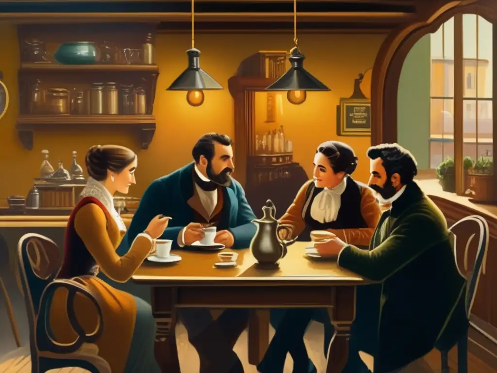 Pintura vintage de un acogedor café del siglo XIX en la región rioplatense, destacando la importancia del mate en la cultura