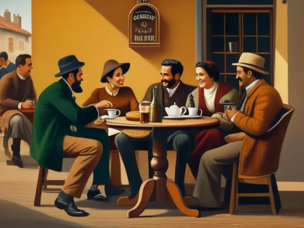 Pintura vintage de un acogedor café rioplatense con mesa de mate y alfajores