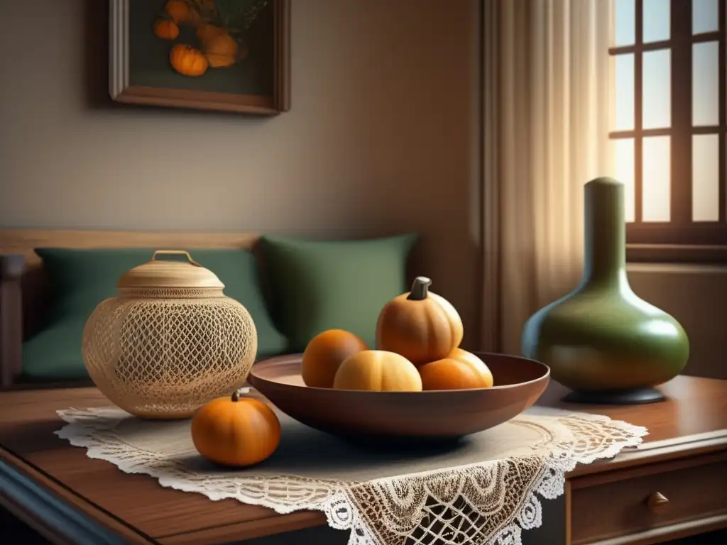 Acogedora sala de estar con mate y libros Pintura vintage de una acogedora sala de estar con muebles de madera, una mesa redonda pulida en el centro y una mate gourd con yerba mate y bombilla
