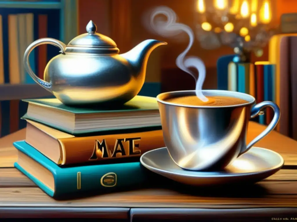 Pintura vintage de un café en Buenos Aires con mate y libros 