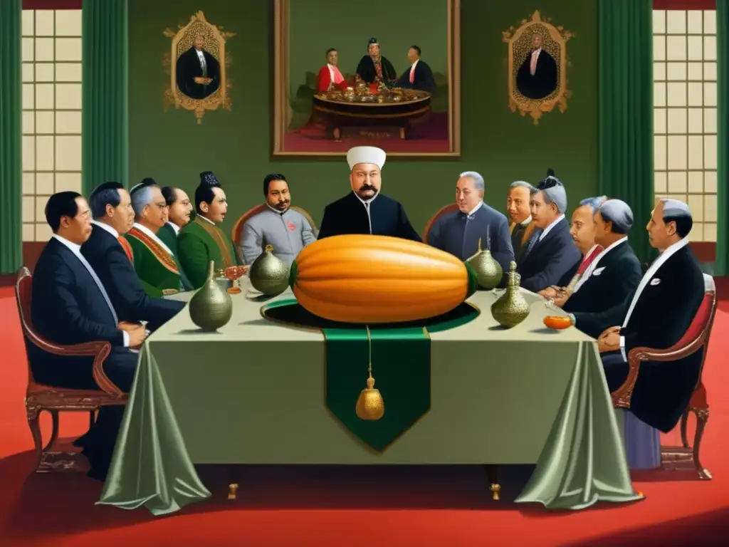 Diplomacia con mate en la mesa Pintura vintage: Diplomáticos en reunión con mate - Importancia del mate en diplomacia