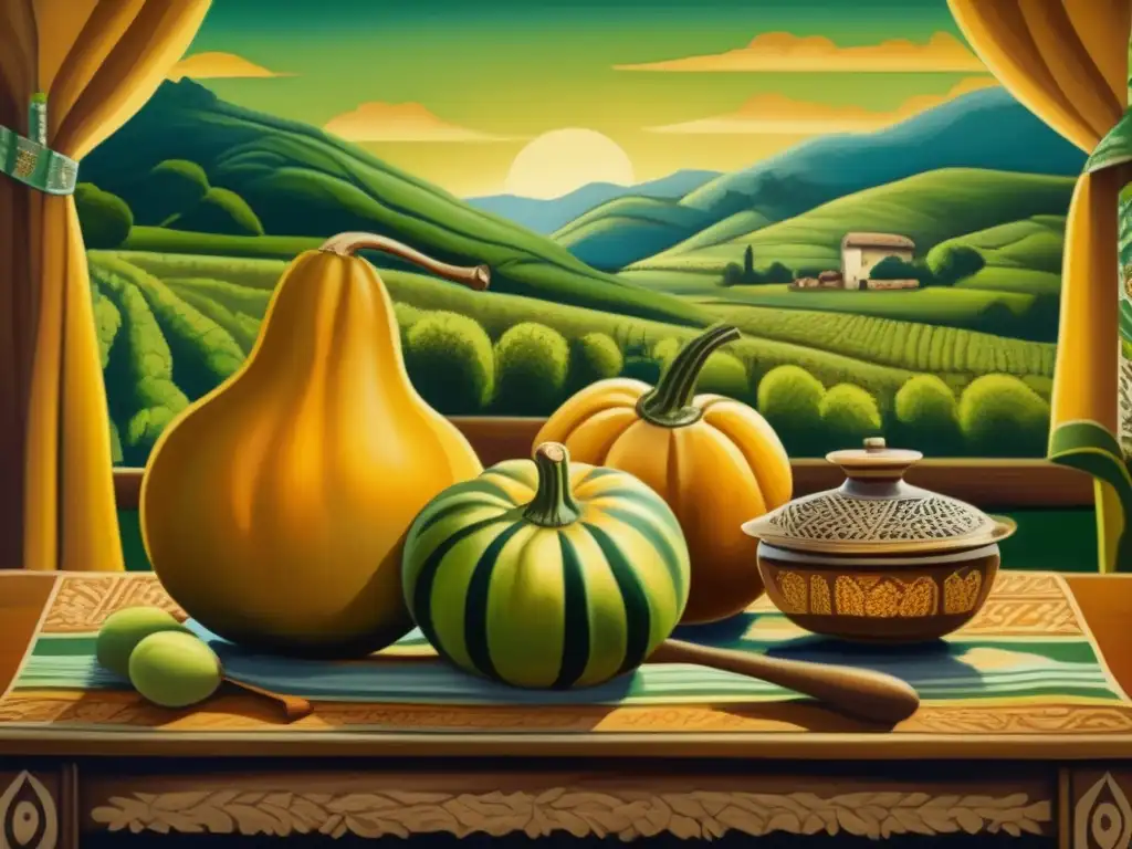 Pintura vintage de escena acogedora en Argentina con mate, evocando tradición y belleza natural