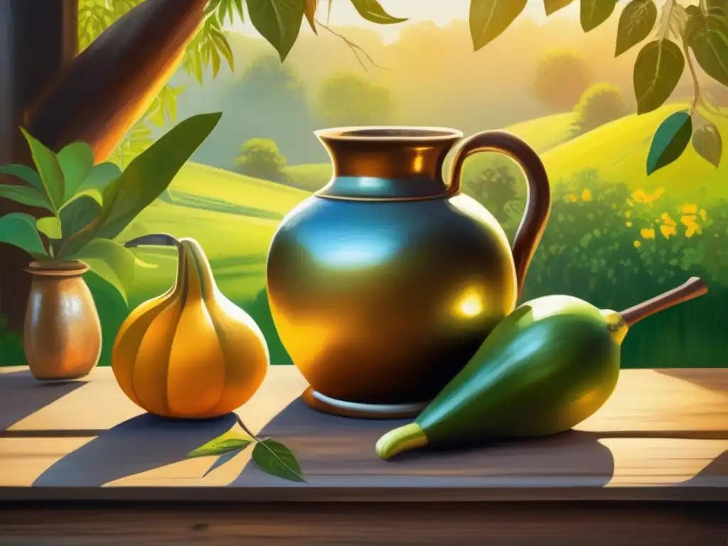 Pintura vintage: escena campestre, mate tradicional y naturaleza, beneficios nutricionales