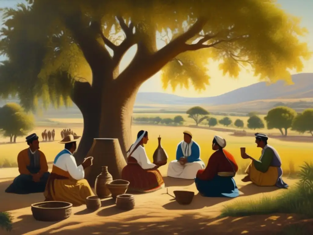 Pintura vintage de una escena serena en el campo del Río de la Plata con ceremonia de mate