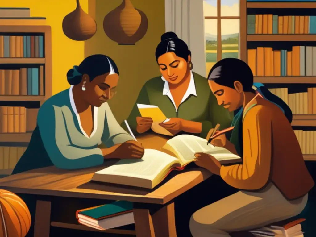 Escritores del Río de la Plata inmersos en su trabajo Pintura vintage de escritores del Río de la Plata inmersos en su trabajo rodeados de libros, con yerba mate y mate gourd prominentes en una mesa de madera