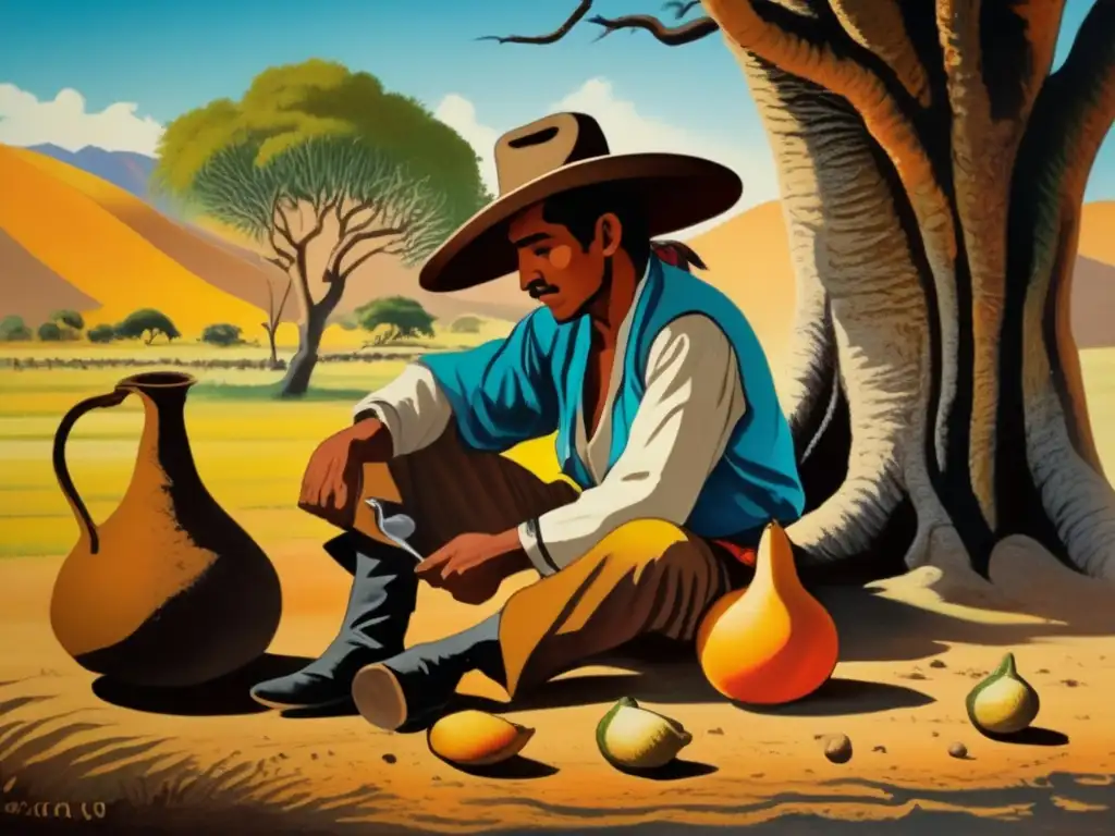 Pintura vintage de gaucho preparando mate - Simbolismo del mate en Benedetti