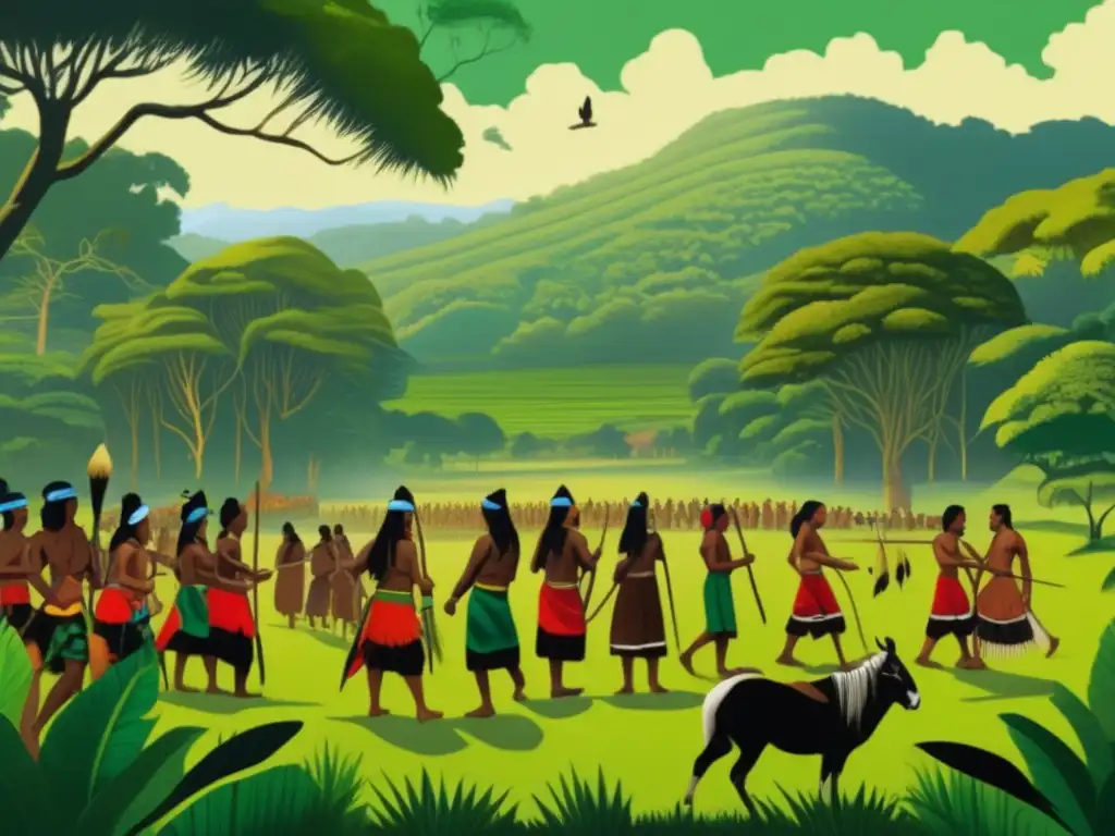 Pintura vintage: influencia Guarani en el mate Pintura vintage de mate y la influencia de los Guarani en un paisaje verde y vibrante