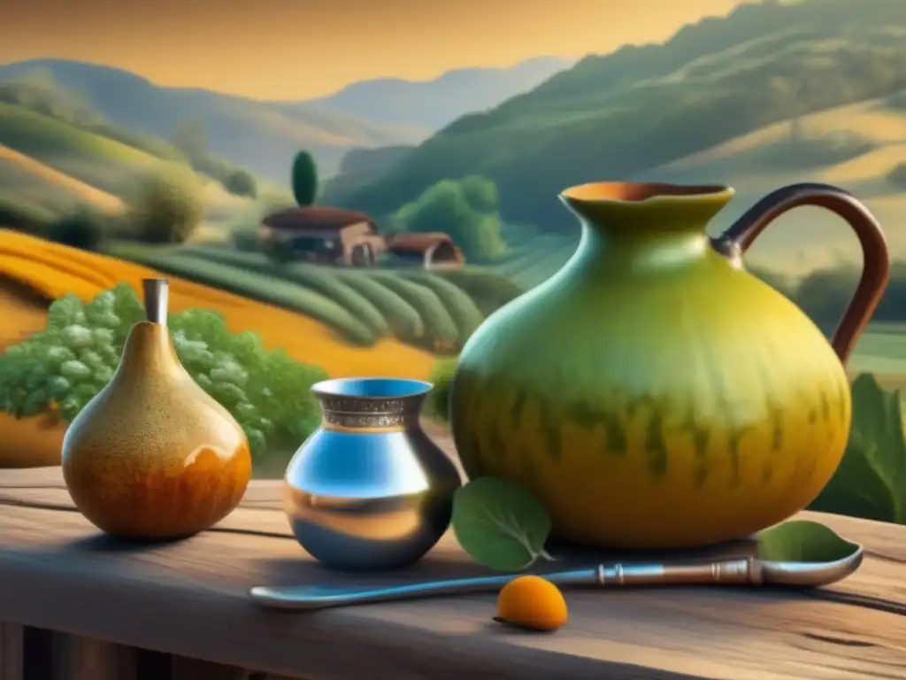 Pintura vintage de paisaje rioplatense con mate Pintura vintage de la tradición del mate en la región Rioplatense con beneficios nutricionales de la yerba mate