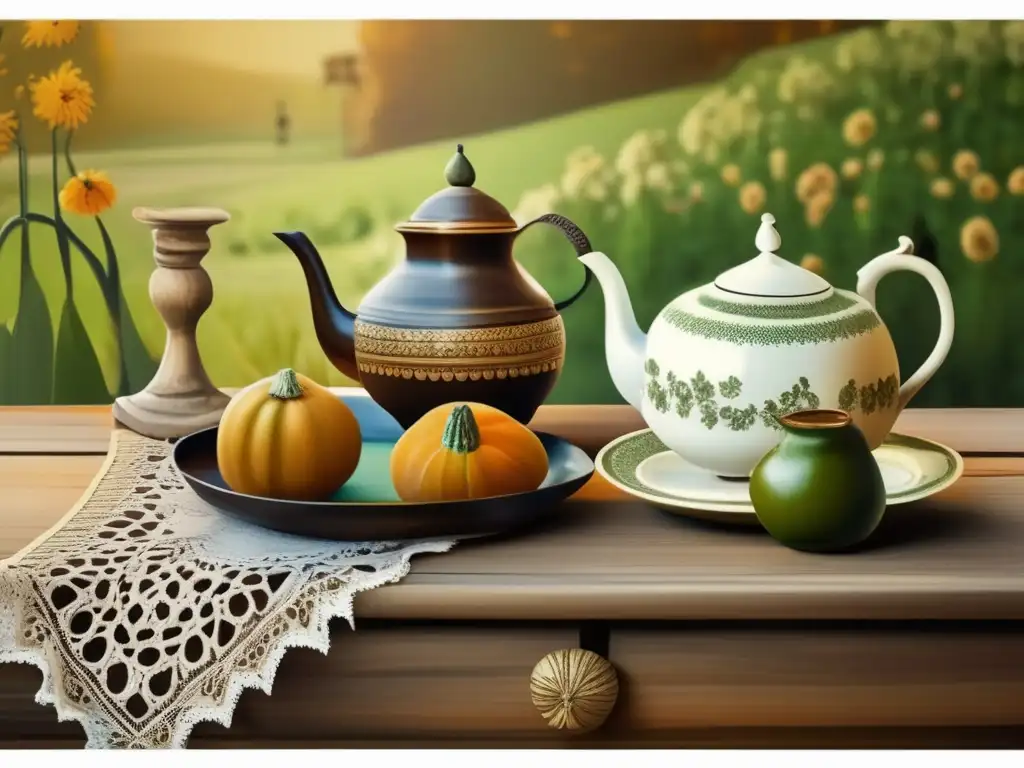 Pintura vintage muestra paisaje campestre con mate y teapot