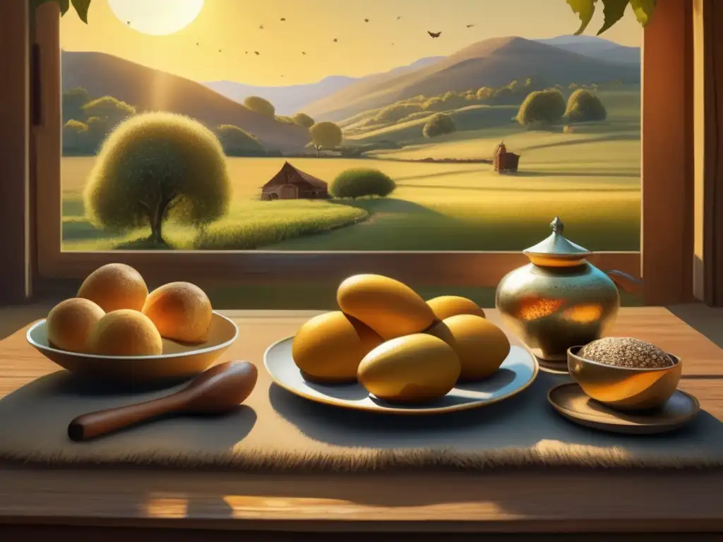 Pintura vintage de paisaje campestre argentino con mate Pintura vintage de paisaje campestre con mate tradicional