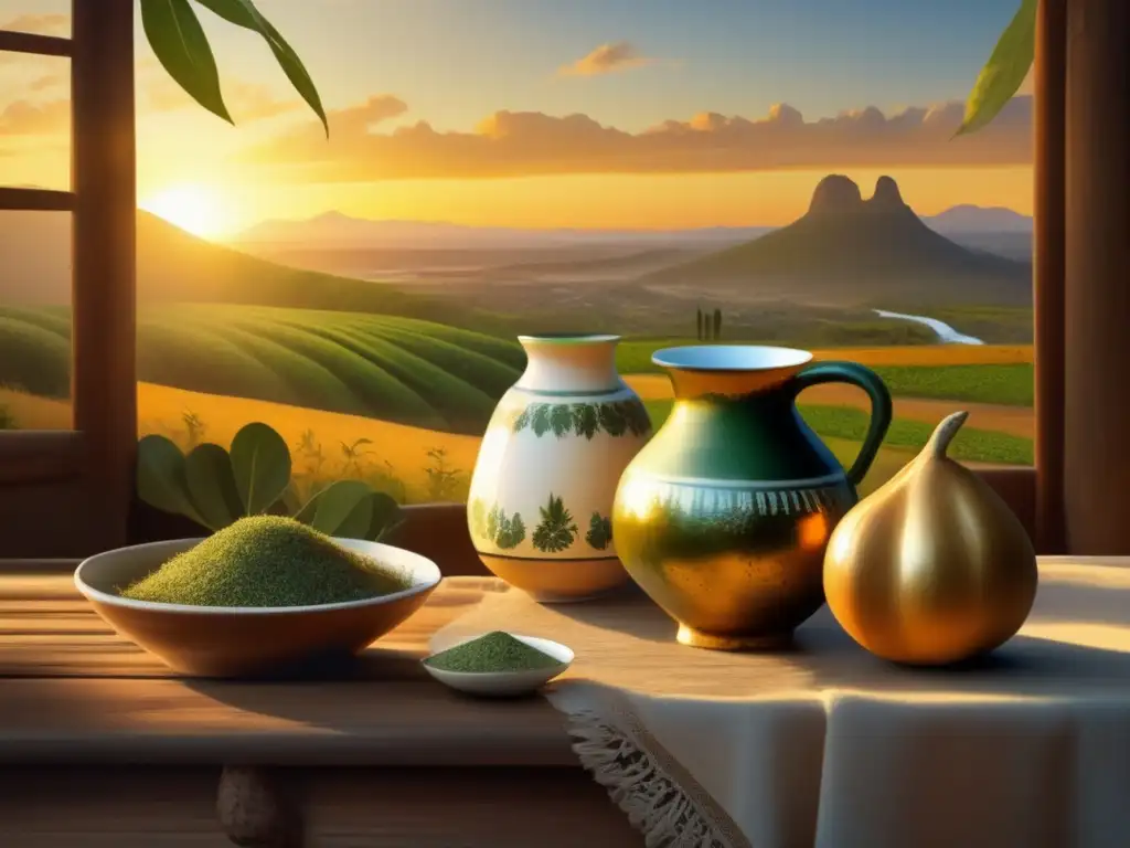 Pintura vintage de paisaje sereno en Rio de la Plata con mesa de madera, mate y bombilla