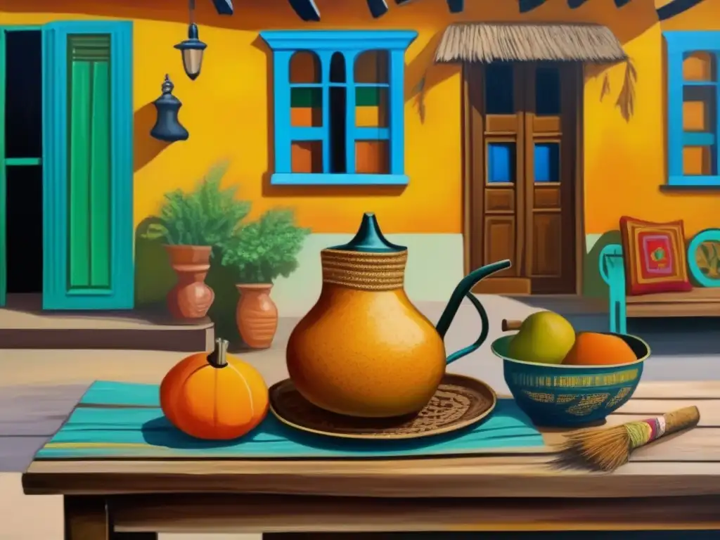 Pintura vintage de un patio argentino con mate Pintura vintage de un patio argentino con mate y bombilla - Beneficios de la yerba mate en el metabolismo
