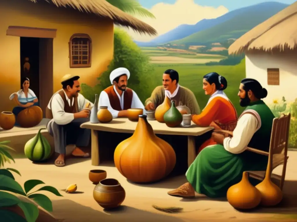 Pintura vintage de mate tradición rioplatense - Cooperación y camaradería en un patio acogedor rodeado de naturaleza exuberante