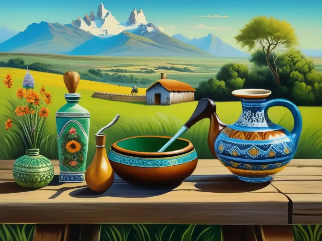 Pintura vintage de ritual tradicional argentino del mate en un paisaje campestre con mesa de madera rústica, mate y bombilla