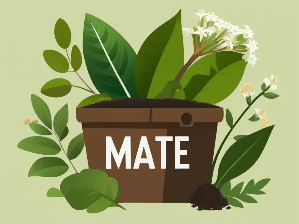 Ilustración vintage de planta de mate rodeada de materiales compostables, simbolizando manejo de residuos en producción de mate