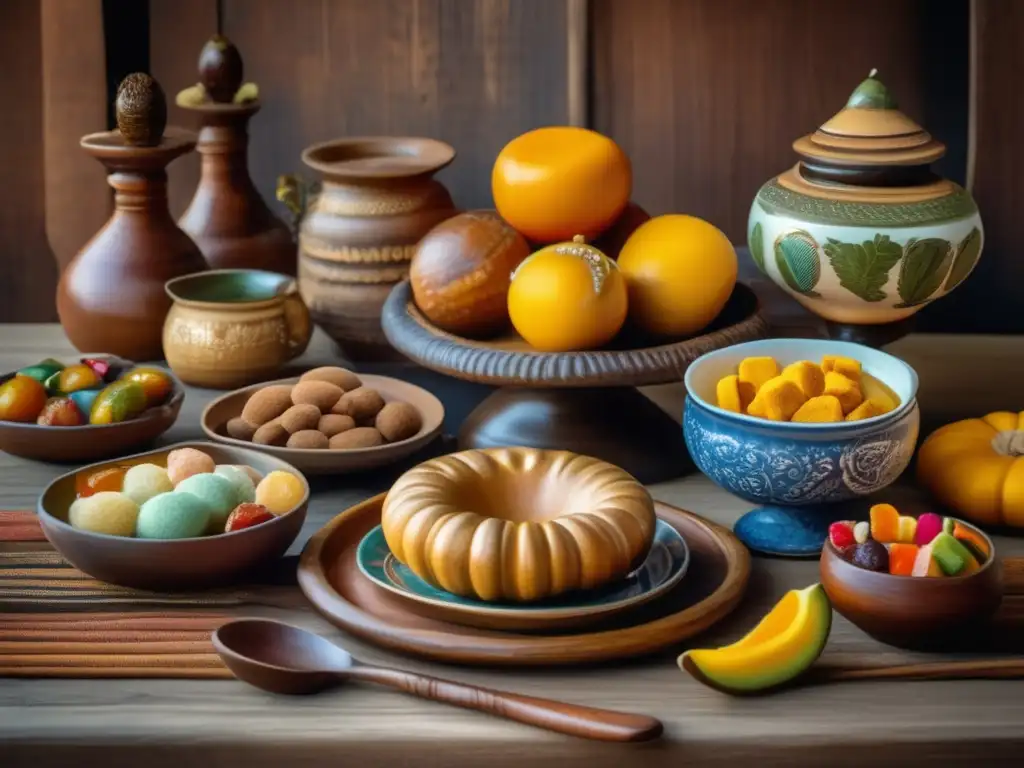 Postres para acompañar mate tradicional en mesa de madera vintage con dulces y platos de porcelana