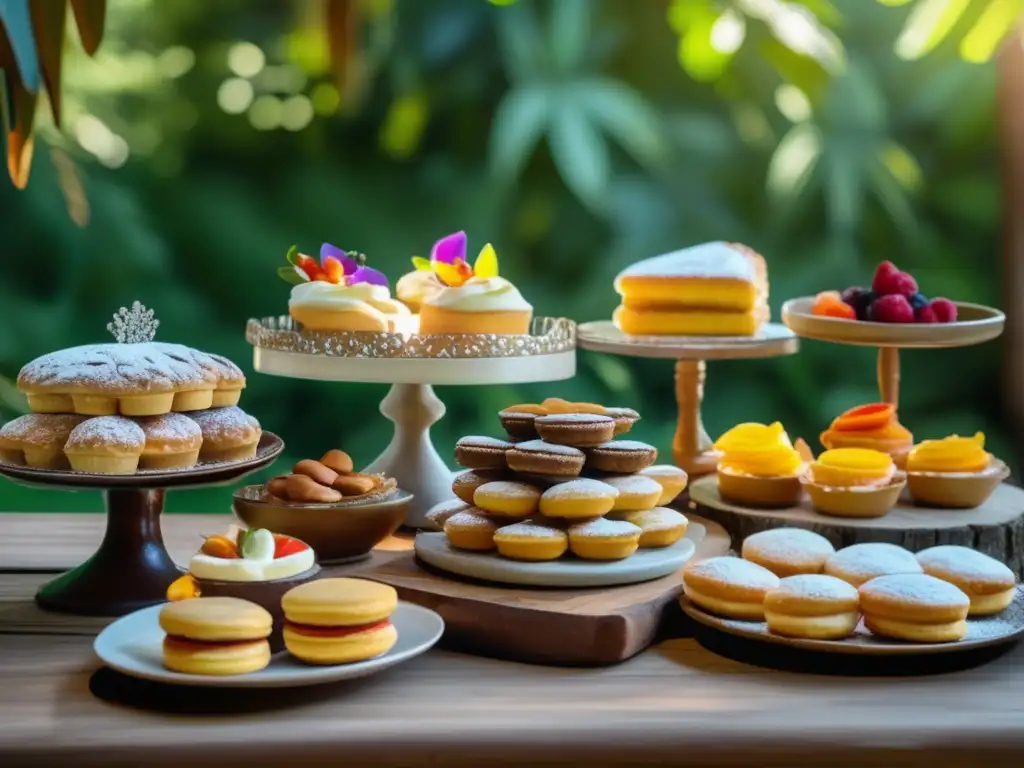 Postres para acompañar mate tradicional en mesa de madera rústica con pastelería argentina colorida y exquisita