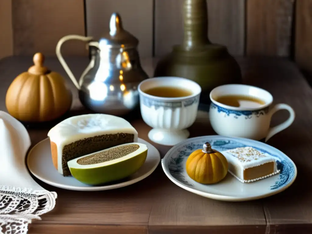 Postres para acompañar mate tradicional: mesa vintage con mate, bombilla y deliciosos alfajores, pastelitos y tortas fritas