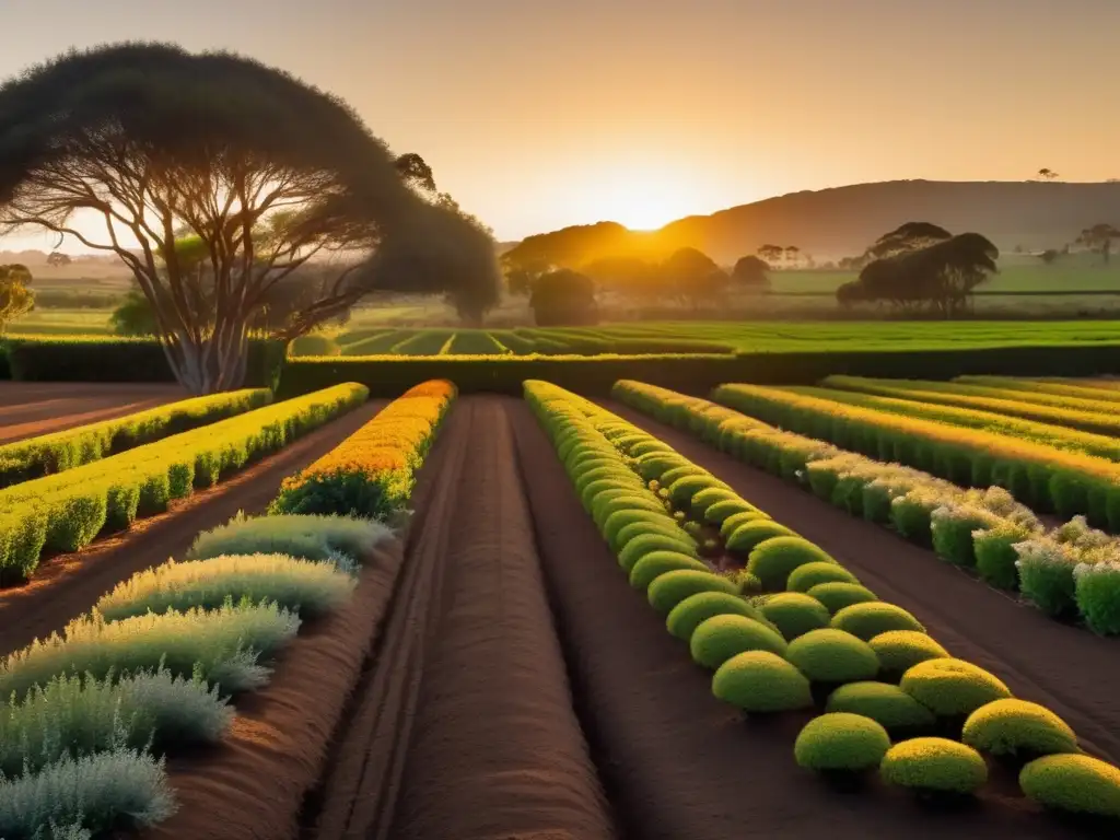 Prácticas ecológicas en el cultivo del mate en una plantación pintoresca al atardecer