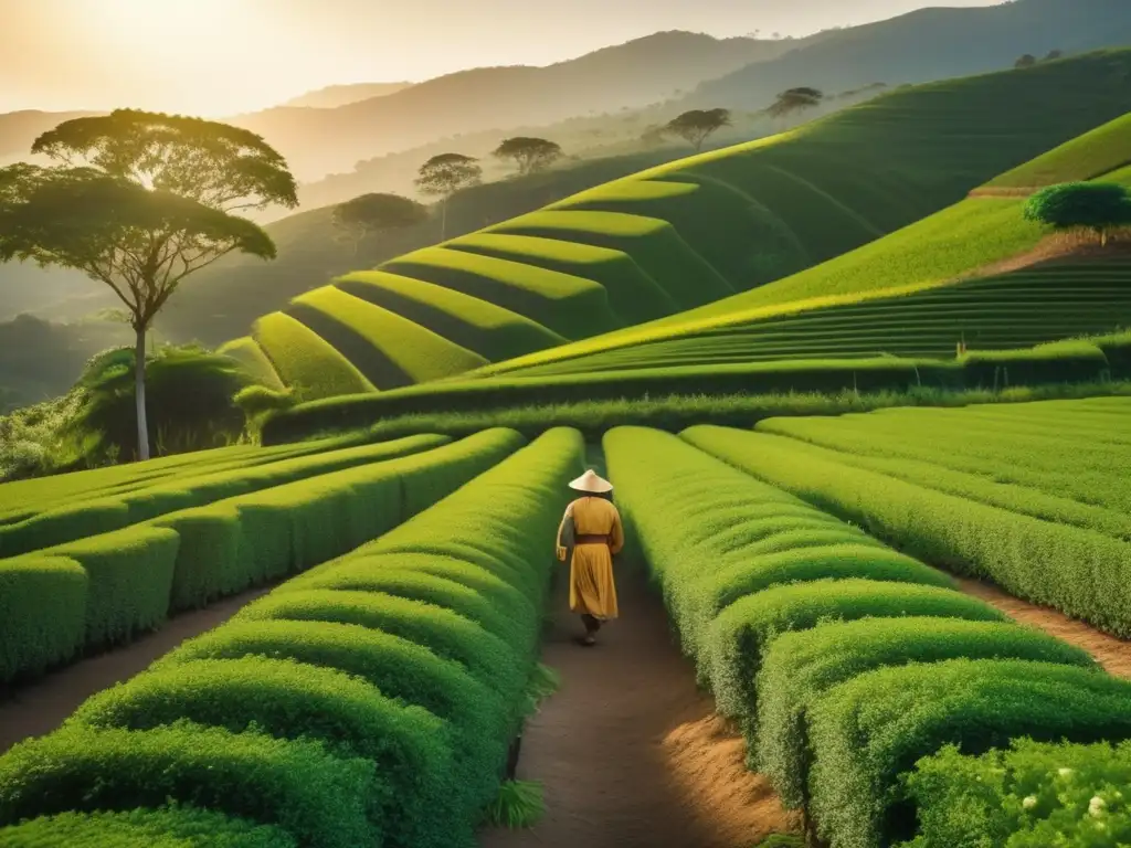 Prácticas ecológicas en el cultivo del mate: imagen vintage 8K de plantación de mate exuberante, con colinas y luz dorada