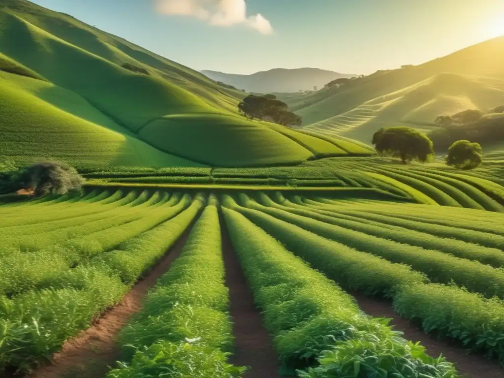 Prácticas ecológicas producción yerba mate: imagen de campo verde con plantaciones, cartel 