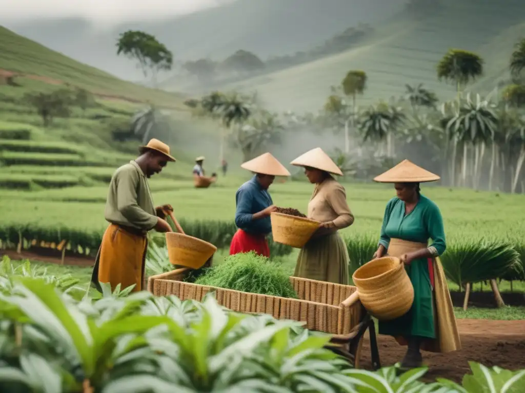 Prácticas ecológicas en producción de mate: trabajadores cosechando yerba mate en plantación vintage con herramientas tradicionales