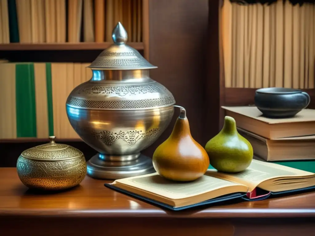 Presencia del mate en literatura rioplatense: mesa de madera vintage con mate, libros clásicos y luz cálida en acogedora sala de estudio