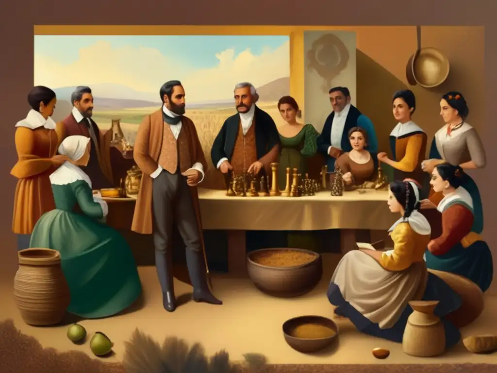 Presencia del mate en obras de arte: Pintura vintage con gourd de mate y camaradería (110 caracteres)