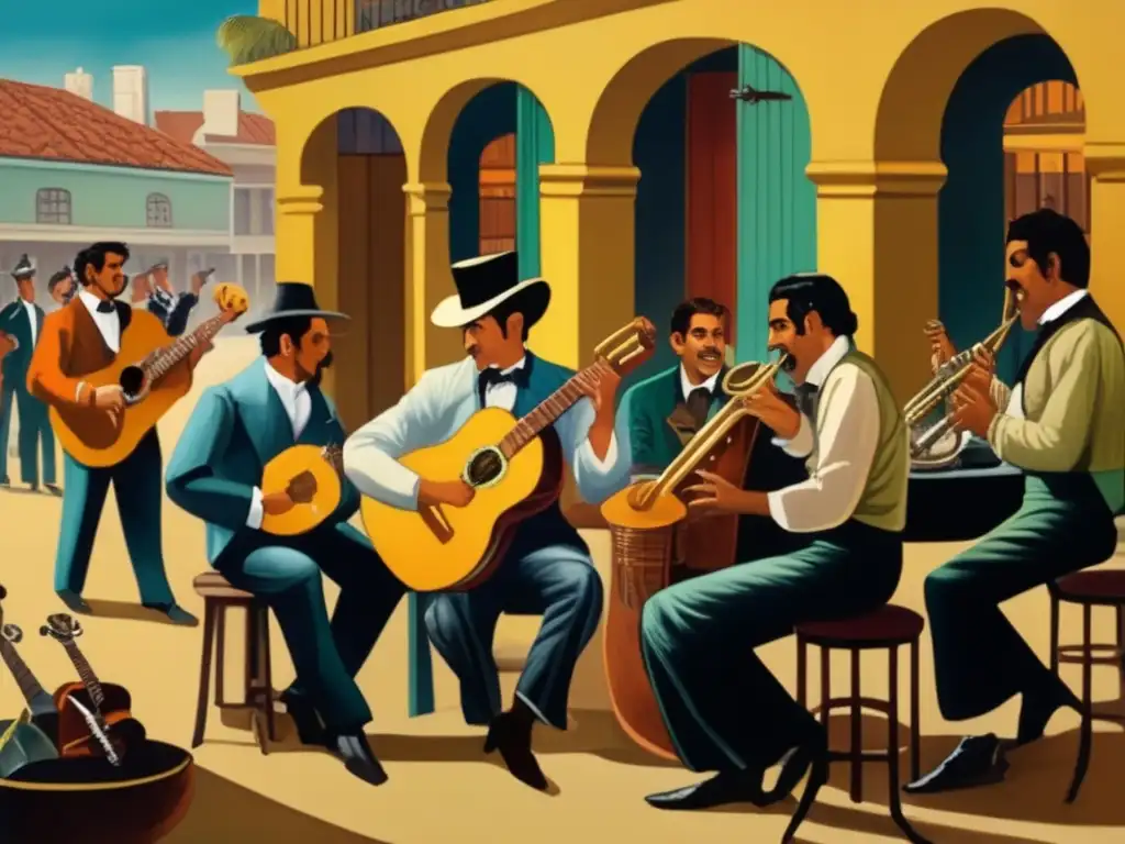 Presencia del mate en la música: Pintura vintage de escena tradicional con músicos, mate y instrumentos típicos