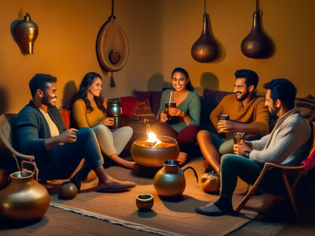 Presencia del mate en redes sociales: amigos disfrutando de una ronda de mate en una acogedora sala vintage