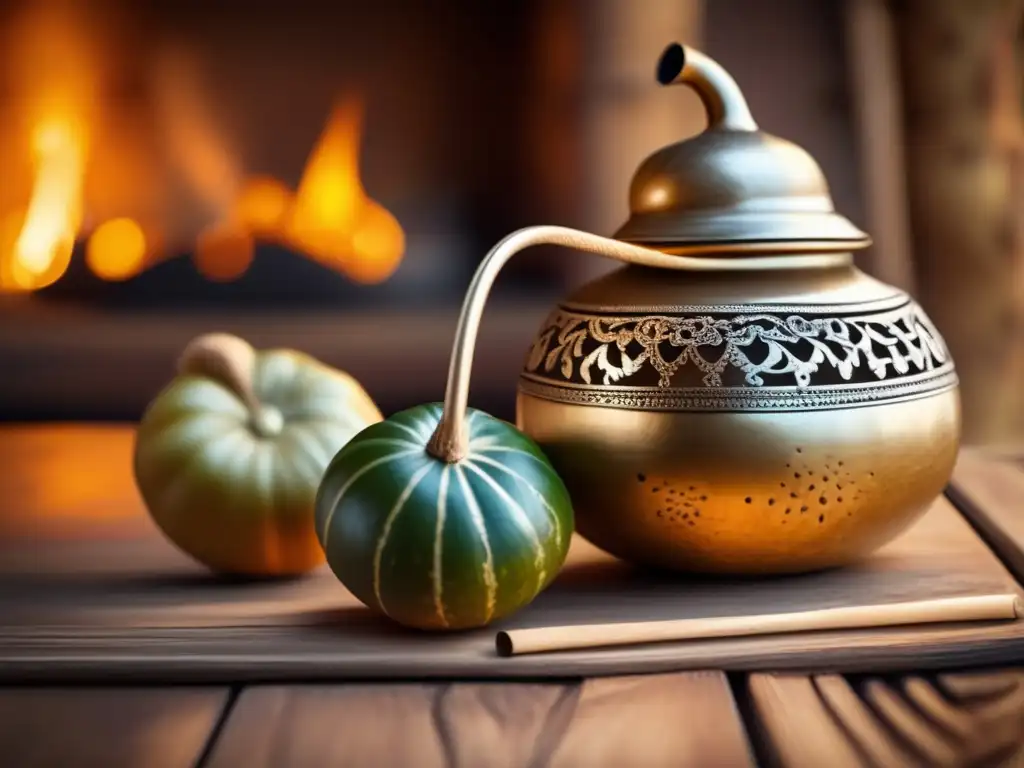 Presencia del mate en redes sociales: mate gourd, bombilla y ambiente tradicional con elementos decorativos