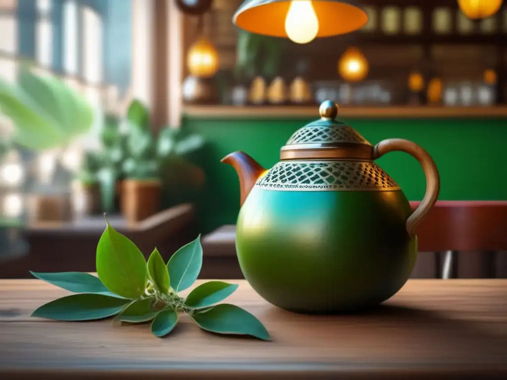 Presencia del mate en la música: Café vintage en Buenos Aires, Argentina con mesa de madera desgastada, mate y bombilla