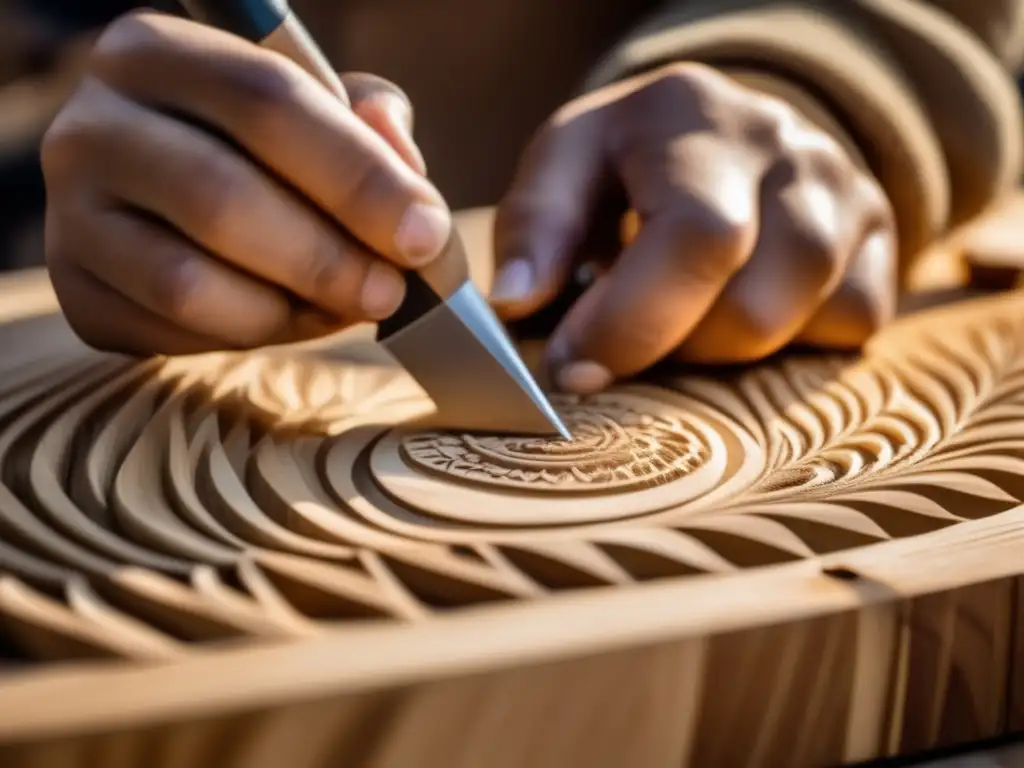 Proceso de creación del mate de madera: manos hábiles tallando patrones en madera, textura natural, herramientas y ambiente sereno