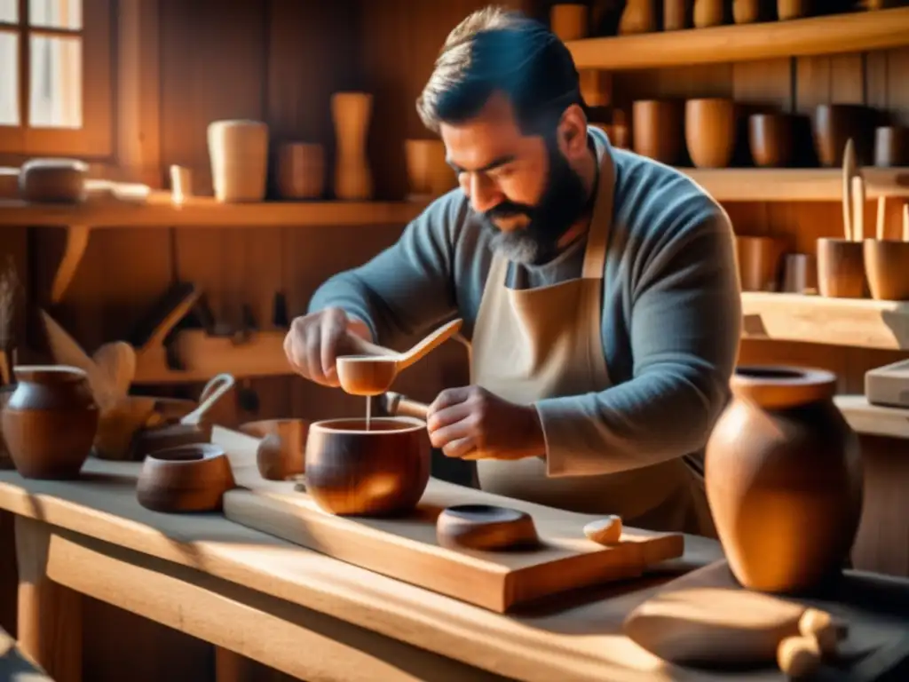 Proceso de creación del mate de madera en un taller rústico y acogedor, con herramientas y materiales tradicionales