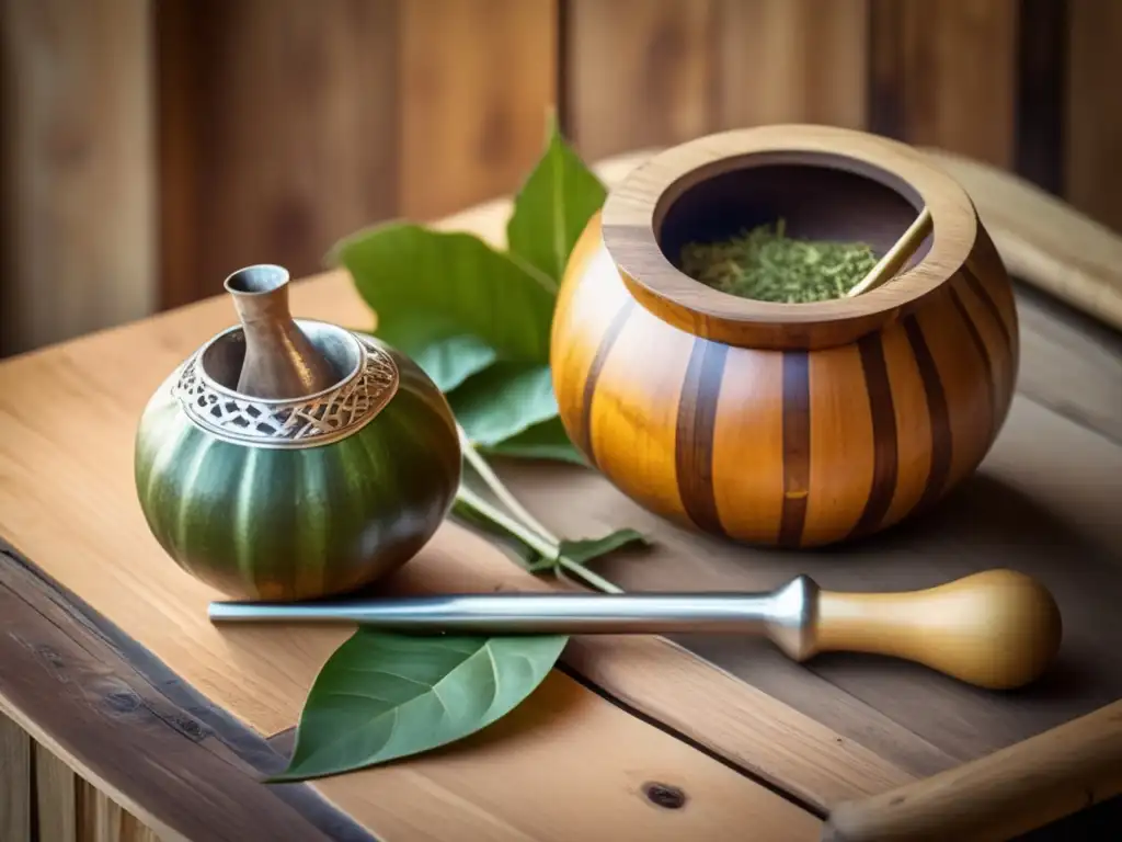 Proceso de creación del mate de madera: imagen vintage de un mate de madera tradicional con yerba mate y bombilla metálica en una mesa rústica