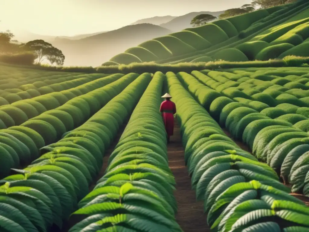 Proceso de cultivo de yerba mate en un campo verde exuberante con un agricultor cuidadoso y una atmósfera nostálgica