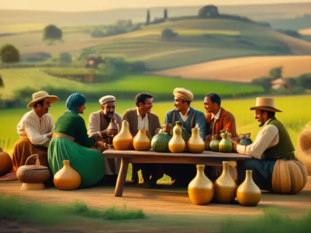 Proyecto escolar: tradición mate rioplatense en un hermoso paisaje campestre con gente disfrutando del mate y la conversación